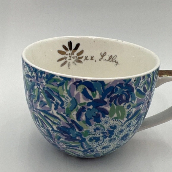 Vintage Lilly Pulitzer 12 oz Tea Cups Blue Floral with Gold Handle - Picture 2 of 8